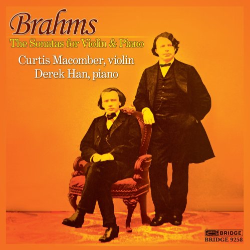 "CD cover with two men in formal attire, orange background, featuring Brahms' violin sonatas."