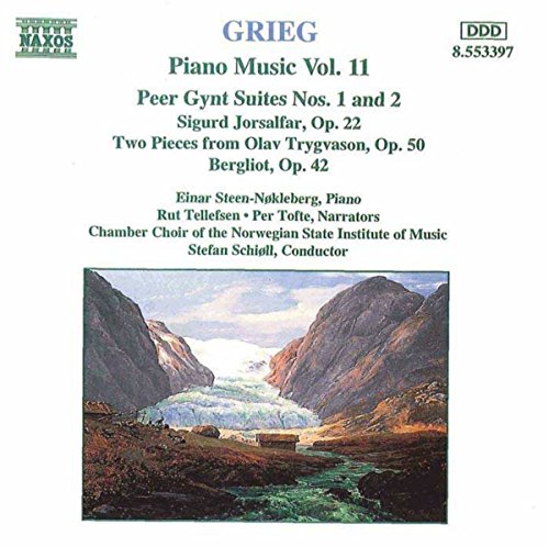 "CD cover with a painting of a river between mountains and text listing Grieg's piano works."