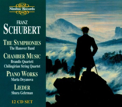 CD cover for Franz Schubert’s complete works, featuring a man on a rocky hill.