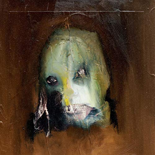 Abstract oil painting of a distressed, pale green human face.