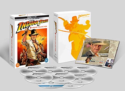 Indiana Jones 4-movie collection box set with discs and a booklet on display.