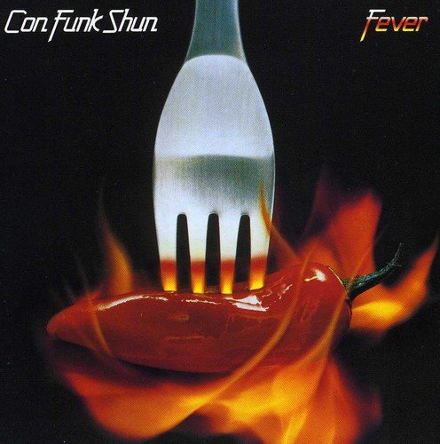 "Album cover featuring a fork stabbing a flaming red chili pepper against a black background."