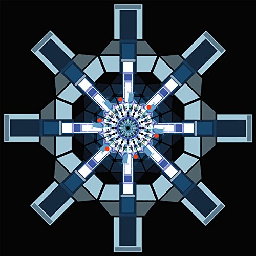 A blue and grey geometric pattern on a black background, resembling a vinyl record.