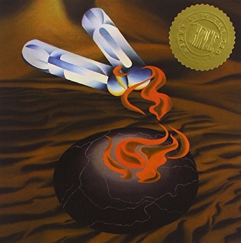 Vinyl record cover: stylized hands and burning sphere on brown.