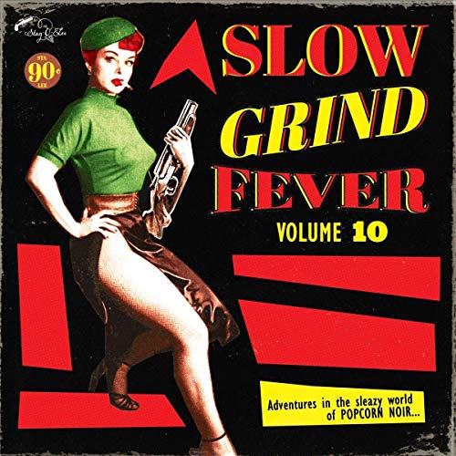 "Album cover with a pin-up woman holding a gun, red and yellow text on black background."