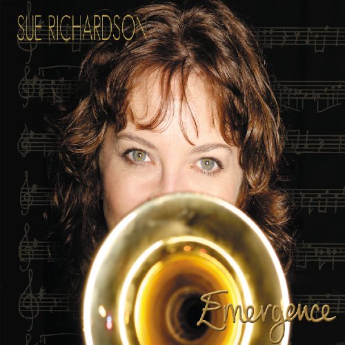 Woman holding a trumpet, with musical notes on a black background, album cover artwork.