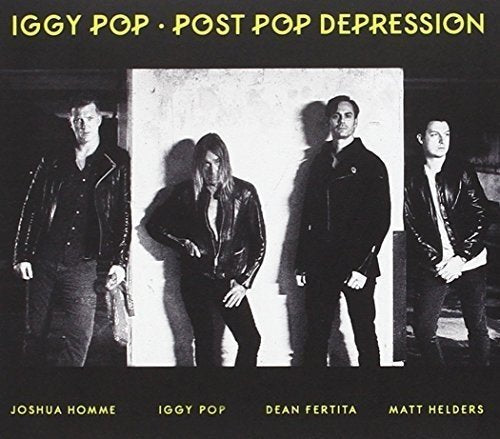 "Album cover with four men in black and white, on black background."