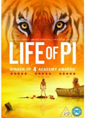 DVD cover for “Life of Pi” featuring a tiger’s face and a small boat.
