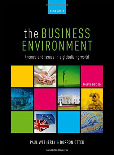 "Textbook cover with 'the BUSINESS ENVIRONMENT' title, grid of images, and black background."