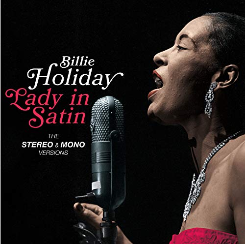 Album cover featuring Billie Holiday singing into a microphone, wearing a red dress.