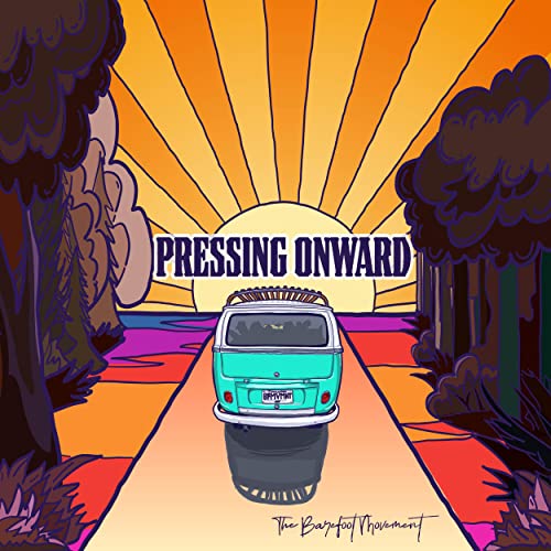 CD cover: turquoise van driving toward a sunset through trees.