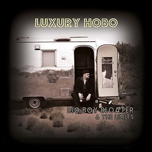 "Album cover with man sitting outside a vintage camper trailer, sepia-toned image."