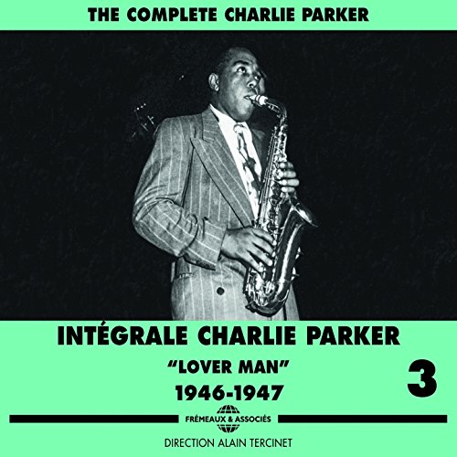 Charlie Parker playing saxophone, album cover for “Lover Man” 1946-1947.