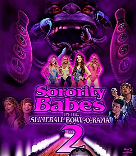 Blu-ray cover featuring women, a monster, and bowling pins in purple tones.