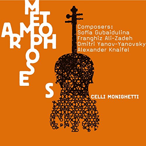 "Orange album cover featuring a cello silhouette made of intricate patterns and text."