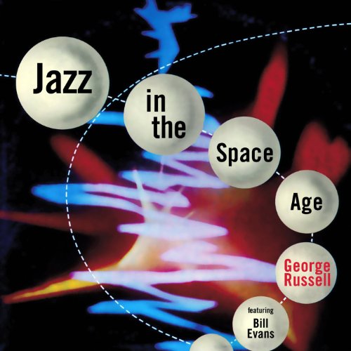 "Album cover with 'Jazz in the Space Age' text and abstract colorful background."