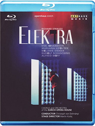 "Blue-ray case with 'Elektra' cover, featuring a woman in red, against blue pillars."