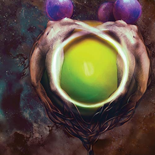 Hands cradling a glowing orb against a dark, starry background.
