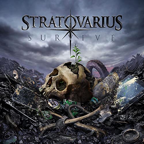 Album cover: skull with plant growth amidst debris under stormy skies.