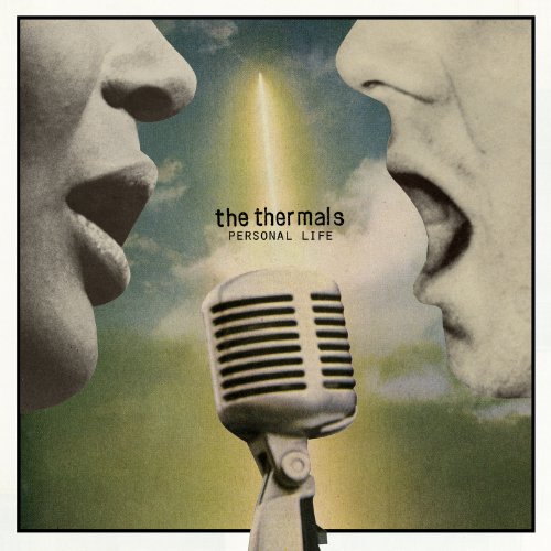 Album cover with two faces and a microphone against a cloudy sky background.