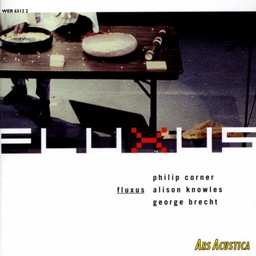 "CD cover with a table, objects, and text, titled 'FLUXUS' with artist names."