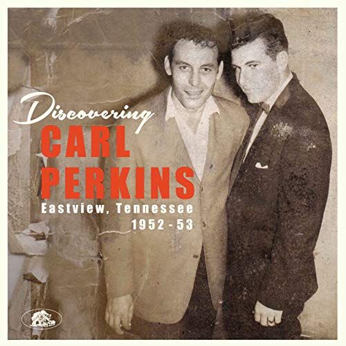 Vintage photo of two men, album cover for “Discovering Carl Perkins.”