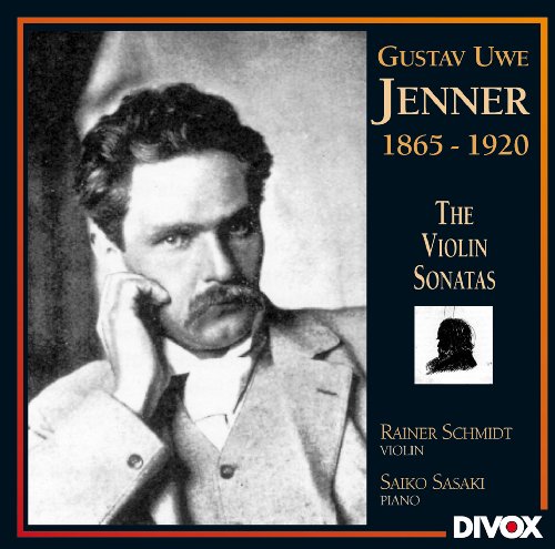 Black CD cover with portrait and text describing "Gustav Jenner: The Violin Sonatas".