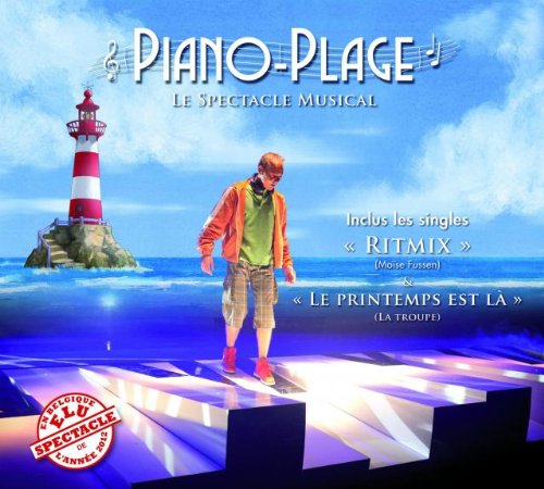 CD cover: boy by a lighthouse on giant piano keys, blue ocean.