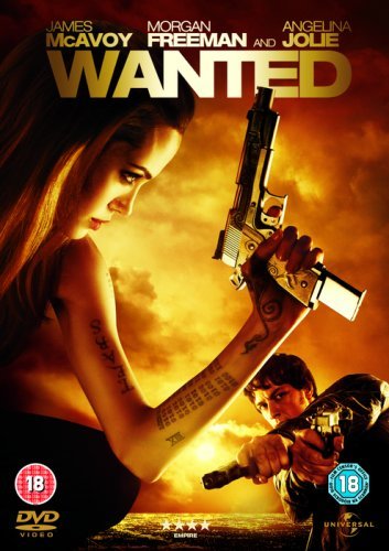 Wanted" DVD cover featuring Angelina Jolie with a gun, fiery background.