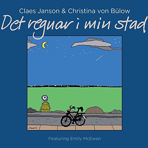 CD cover: blue sky, cartoon city scene, cyclist, and crescent moon.