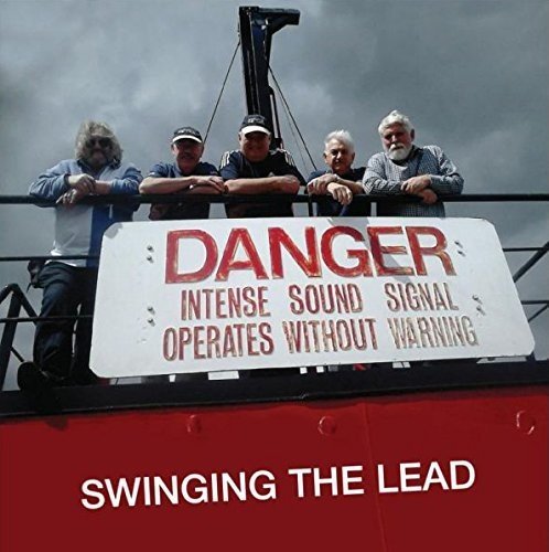"Album cover with four men on a platform and a warning sign below."