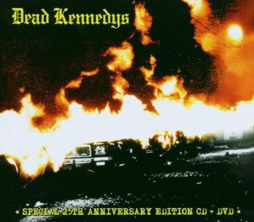 "Album cover with a burning car, 'Dead Kennedys' in yellow text at the top."