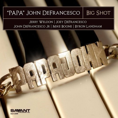 "Papa John DeFrancesco's 'Big Shot' CD cover featuring a piano and metal "Papa John" charm."