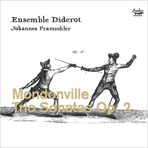 "CD cover with two men dueling, Ensemble Diderot and Mondonville Trio Sonatas Op 2 text."
