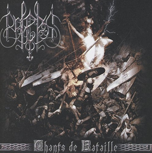 Dark album cover depicting a chaotic battle scene with warriors and lightning.