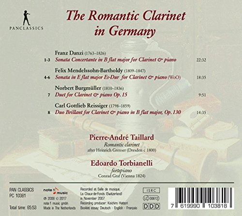 "CD cover with a wooden clarinet, sheet music, and old books on a table."