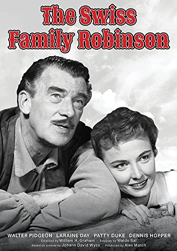 Black and white DVD cover for "The Swiss Family Robinson" film.