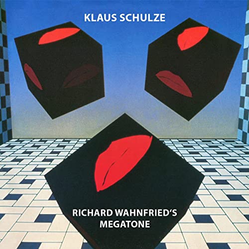Album cover: black cubes with red lips on a blue and checkered floor.