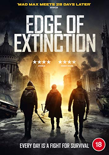 "Edge of Extinction DVD cover featuring three silhouetted figures in a post-apocalyptic cityscape."