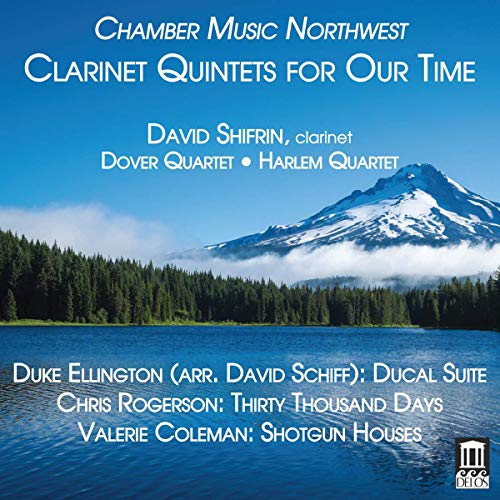 A suitable alt text for this image is: "Album cover for 'Clarinet Quintets for Our Time' featuring a serene lake and mountain landscape."