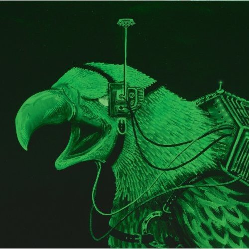 Green illustration of a bird with mechanical parts and antenna.
