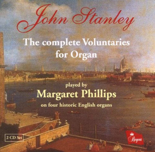 "CD cover with cityscape painting and text describing John Stanley's organ music."