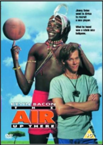 "Movie cover for 'Air Up There' DVD, featuring Kevin Bacon and a tribal man."