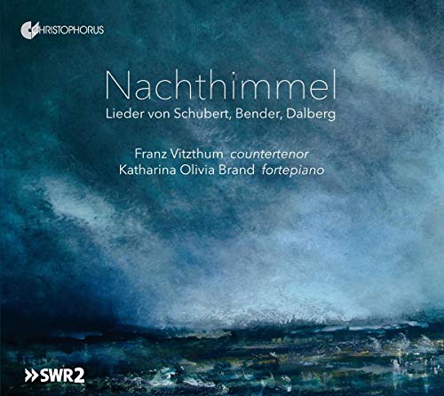 "Album cover with blue-toned night sky image, white text, and logos in top and bottom corners."