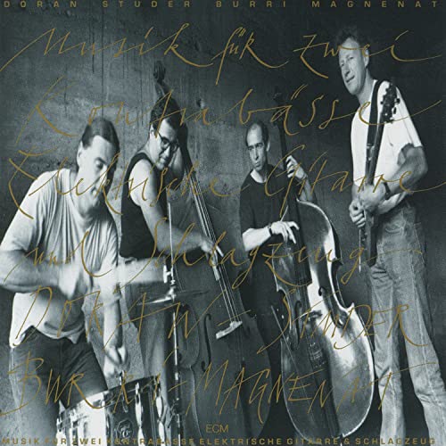 Black and white album cover featuring four musicians with instruments.
