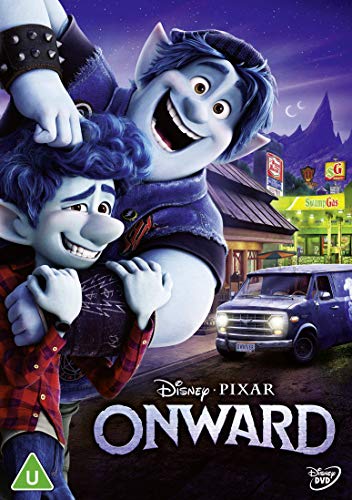 “Onward” DVD cover featuring two blue-skinned elf brothers embracing.