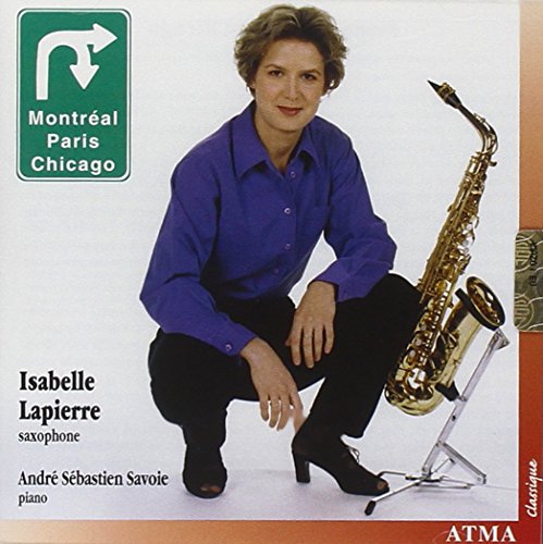 Woman crouching beside a saxophone on a stand, on a music album cover.