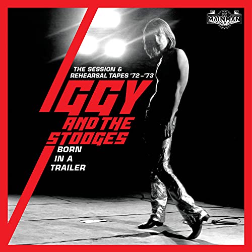 Iggy Pop in silver pants performing on stage, album cover art.