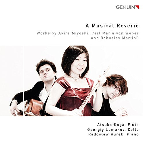 "CD cover featuring three musicians with flute, cello, and piano on a white background."