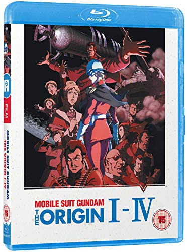 Blu-ray cover for Mobile Suit Gundam The Origin I-IV featuring various anime characters.
